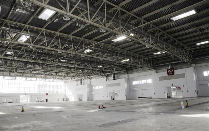 wide warehouse with lights