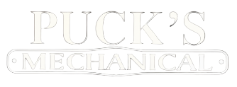 Puck's Mechanical logo with text in a light outline.