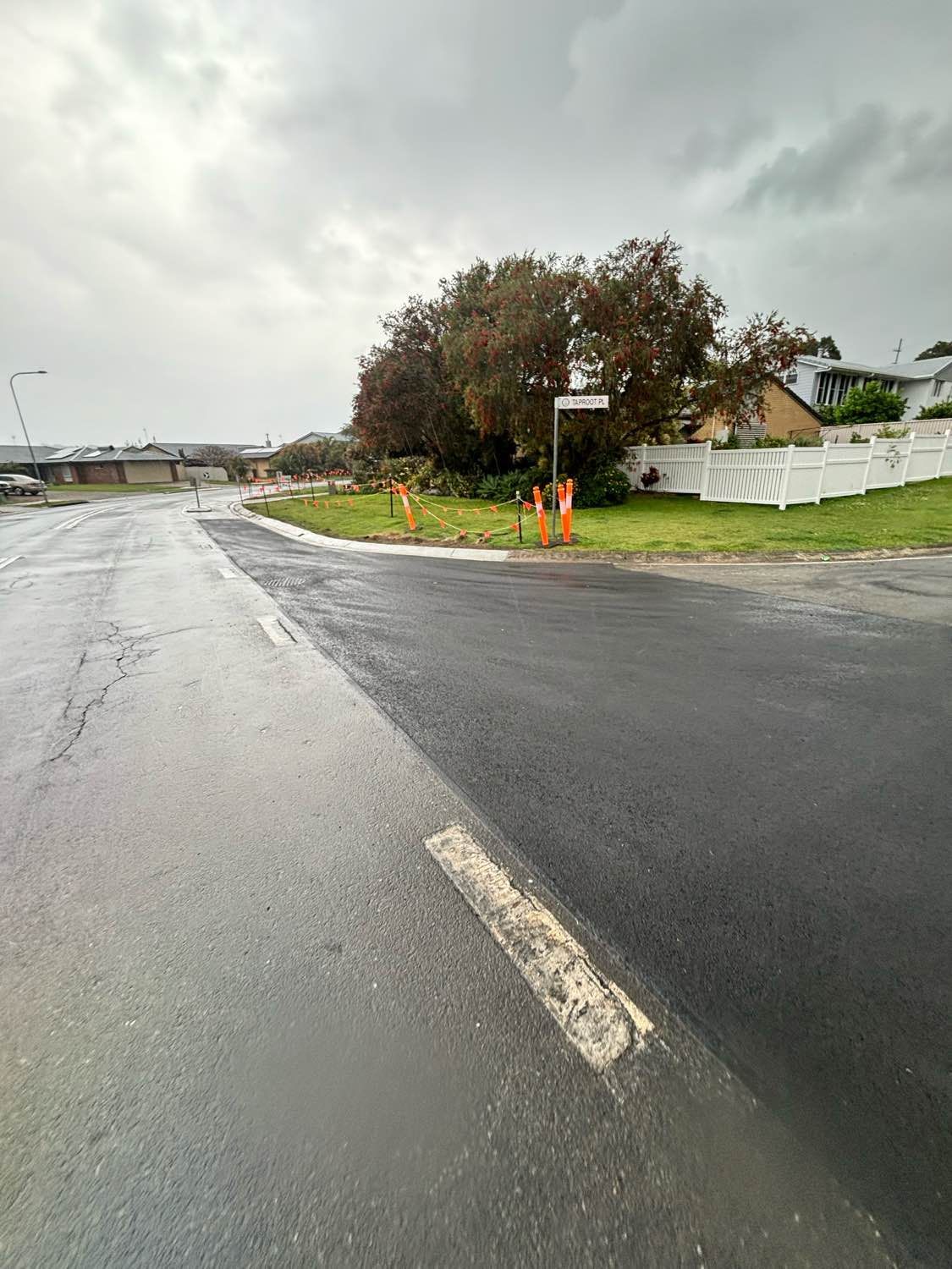 A road with a white fence and a tree on the side of it on a cloudy day.