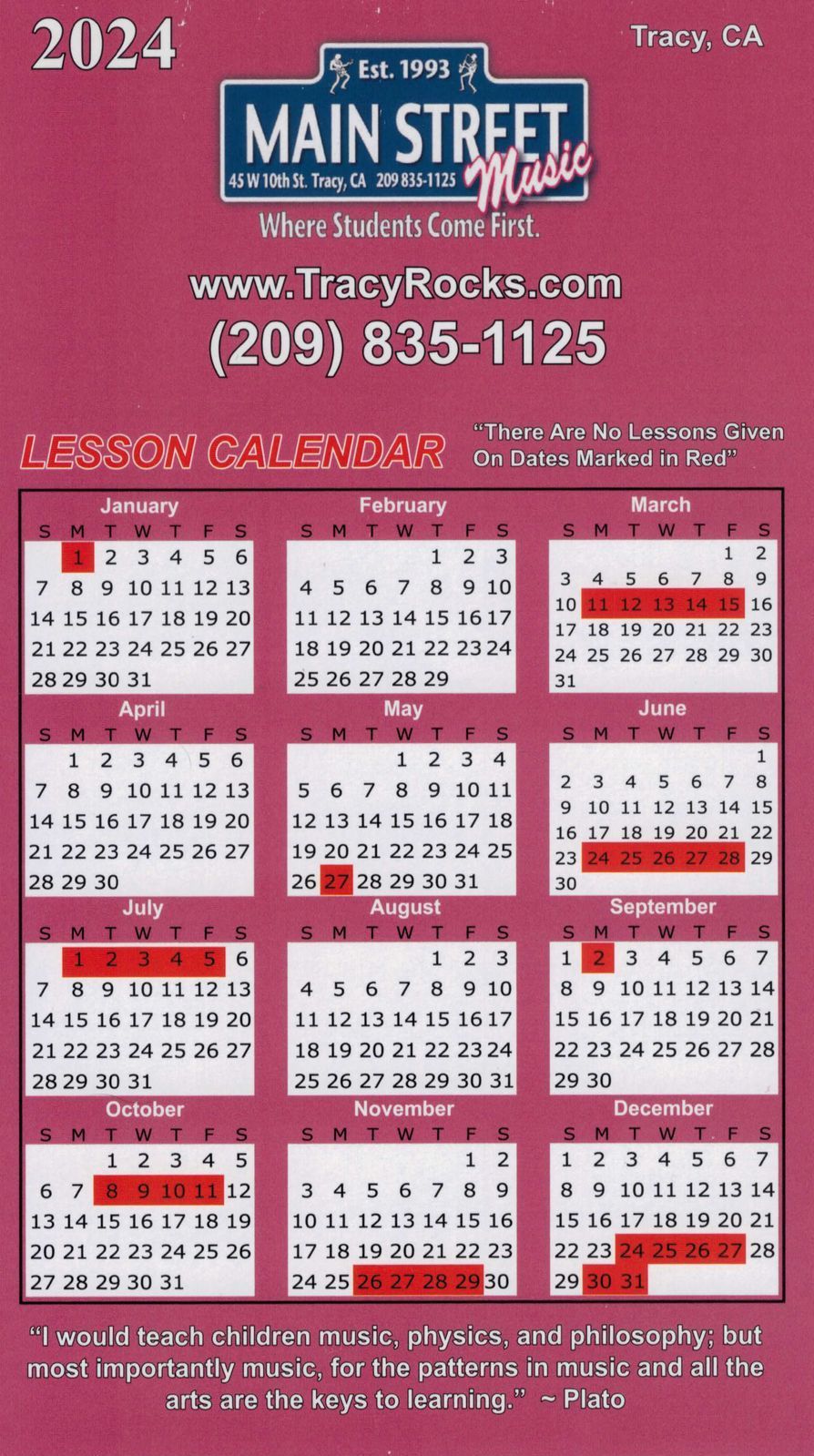 a music lesson calendar for the year 2024 is displayed on a pink background