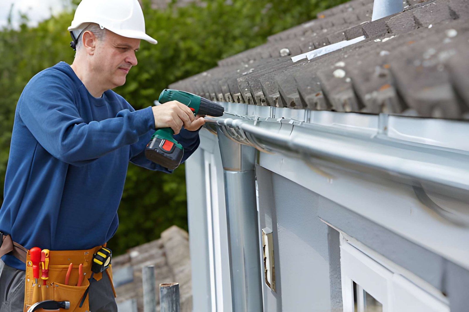 Contractor using a power drill to repair a metal roof gutter