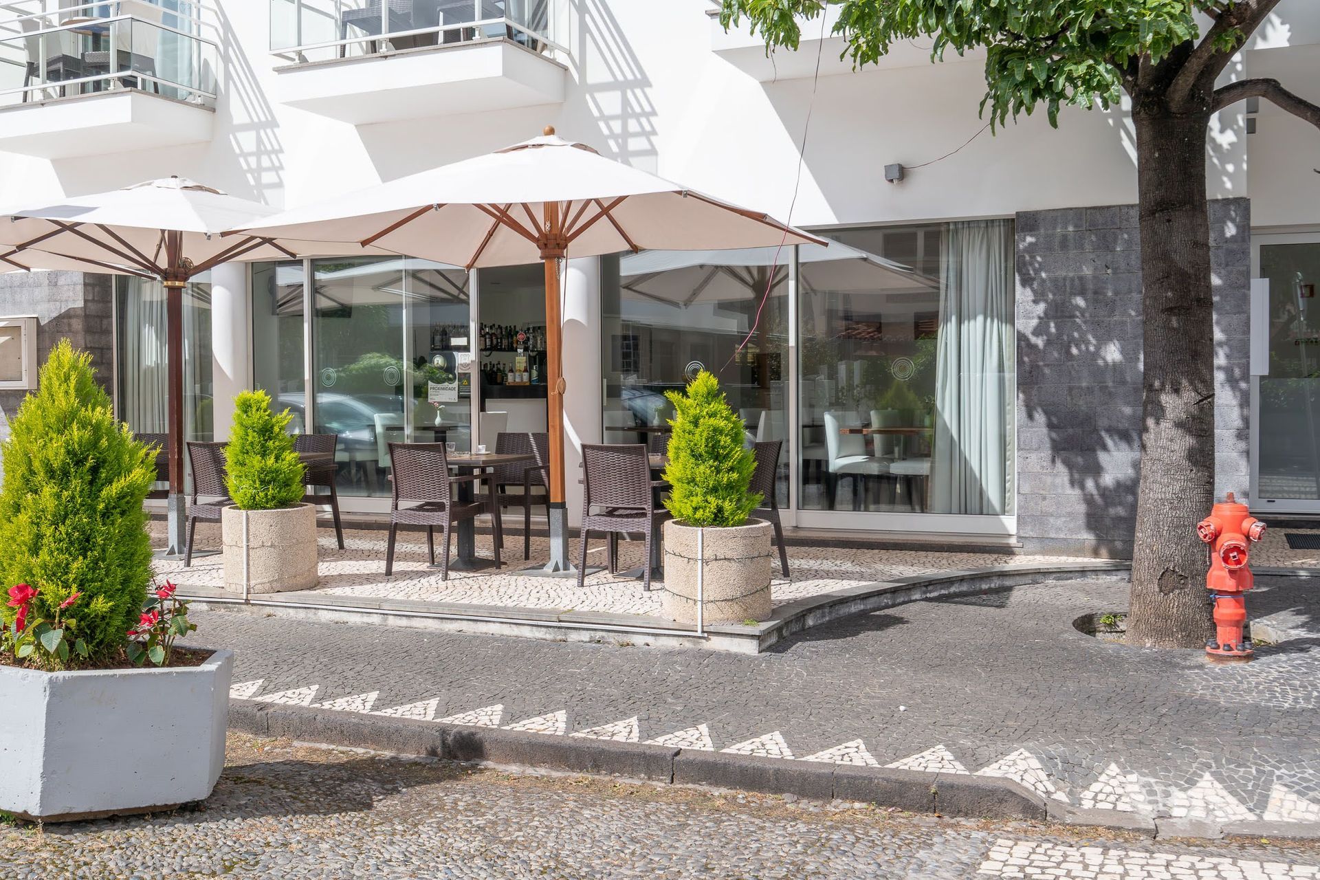 a fire hydrant is in front of a restaurant with tables and chairs under umbrellas .