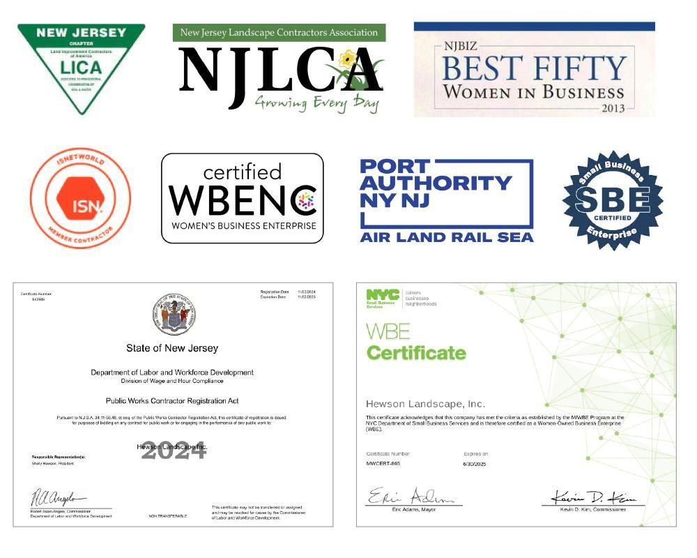 Logos and certificates of organizations including LICA, NJLCA, WBENC, Port Authority, and State of New Jersey.