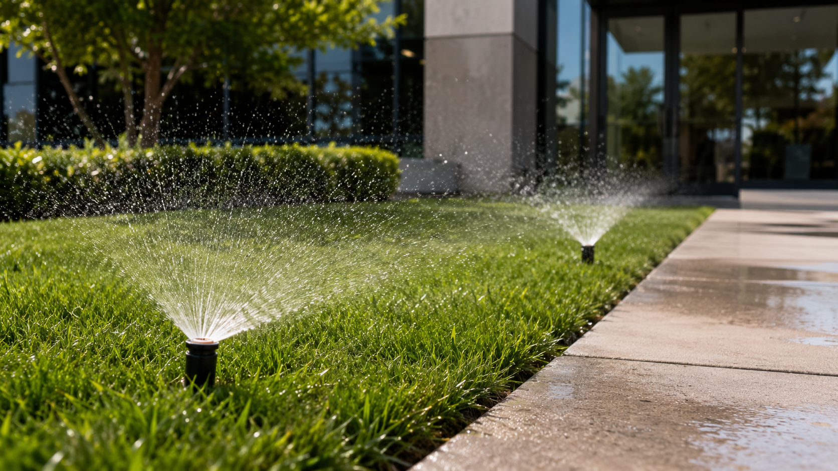 Commercial irrigation sprinkler system supporting healthy business landscaping