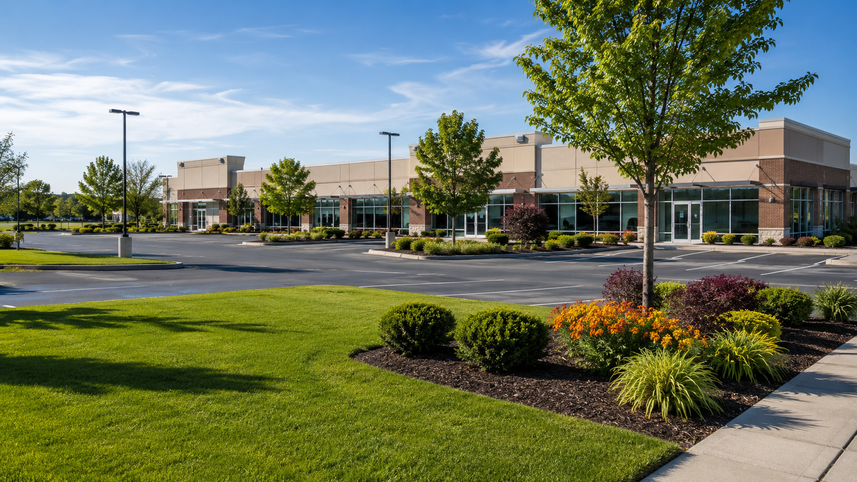 Corporate Property Landscaping with efficient commercial irrigation