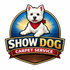 A logo for Show Dog Carpet Service featuring a white terrier with a red bandana, set against a blue background.