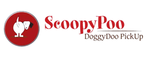 Logo with a white dog defecating inside a red circle, text: ScoopyPoo, DoggyDoo PickUp.