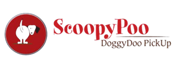 Logo with a white dog defecating inside a red circle, text: ScoopyPoo, DoggyDoo PickUp.