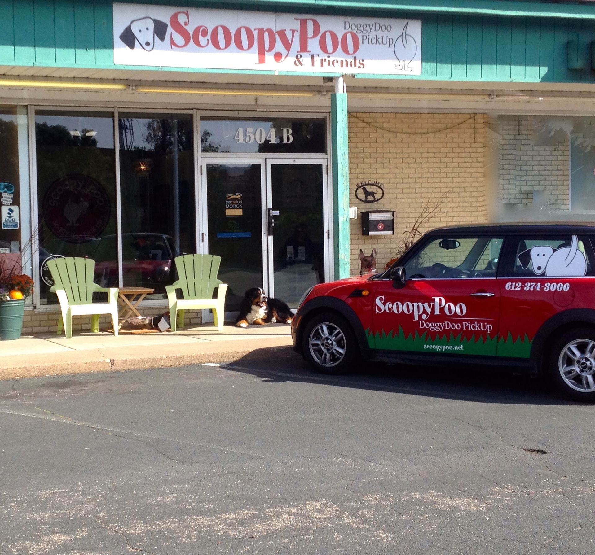 A dog grooming business with a red Mini Cooper parked out front. Two green chairs sit outside the door.