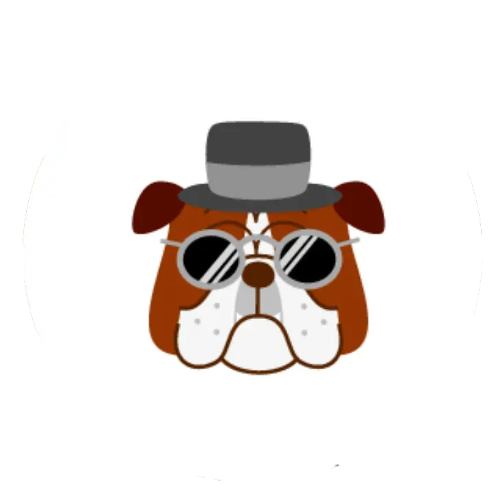 Brown and white bulldog wearing a gray top hat and round sunglasses.