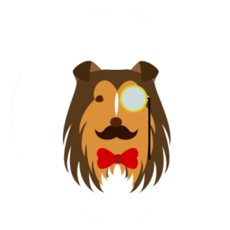 Brown collie with a mustache, monocle, and bow tie.