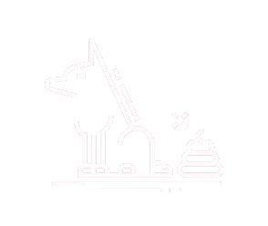 Dog defecating, with a shovel symbol next to the stool.