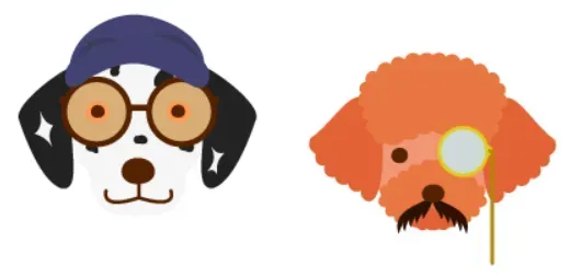 Two cartoon dog faces, one Dalmatian wearing a hat and glasses, the other a poodle with a monocle and mustache.