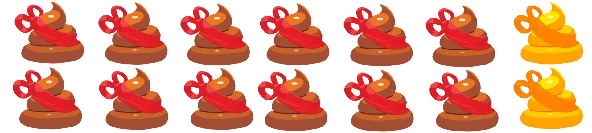 Rows of brown poop emoji with red ribbons and golden poop emoji.