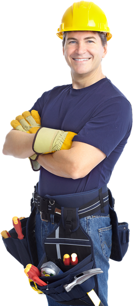 A man wearing a hard hat and gloves is standing with his arms crossed.