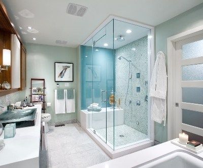 A bathroom with a walk in shower , sink , toilet and bathtub.