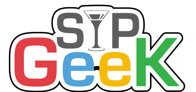 A logo for sip geek with a martini glass in the middle