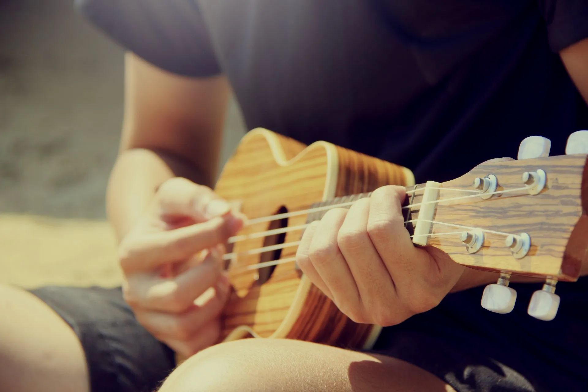 A person is playing an ukulele on the beach
