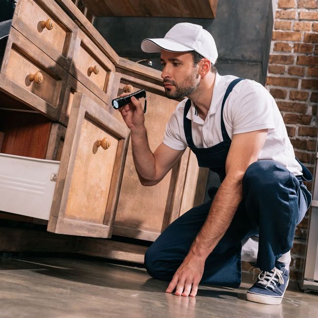 a man is kneeling down in a kitchen holding a flashlight