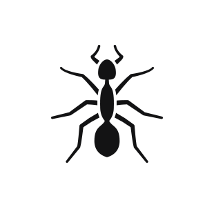 a black and white silhouette of an ant on a white background