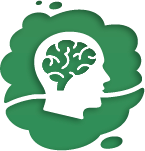 Silhouette of a head with a brain inside, surrounded by a green cloud.
