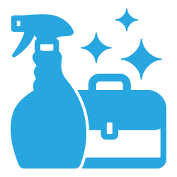 A spray bottle and a briefcase are shown in a blue icon.