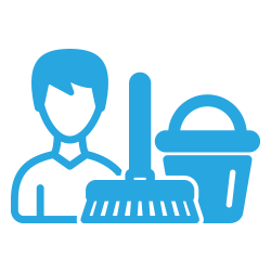 A man is standing next to a broom and bucket.