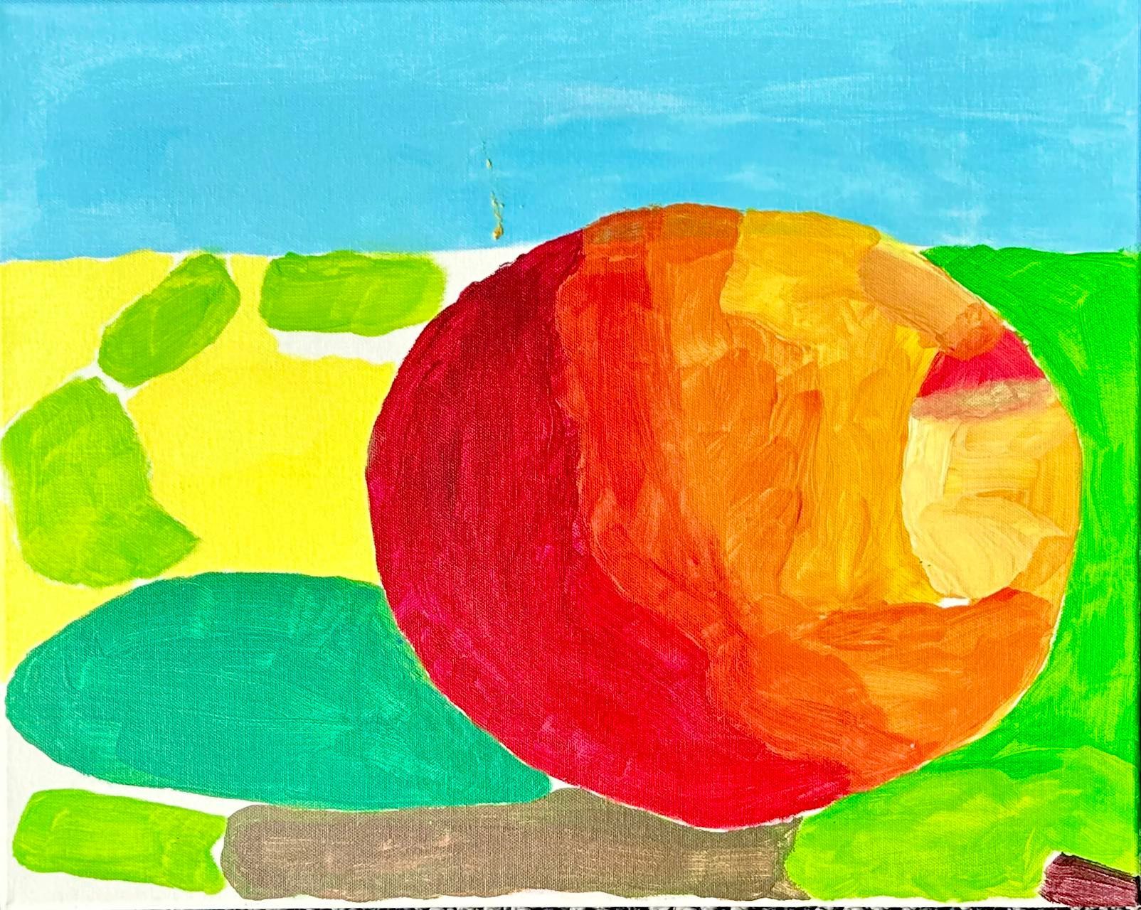 Red, orange, and yellow fruit on a yellow surface with green and brown shapes. Blue sky background.