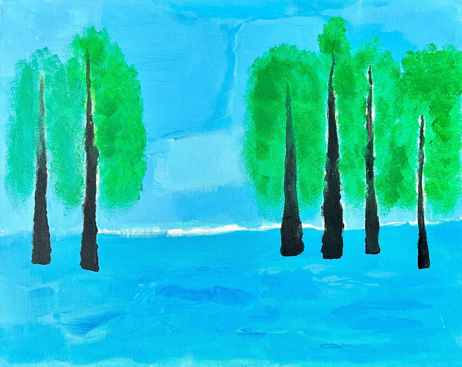 Forest scene: tall green trees with dark trunks on a blue and white backdrop.