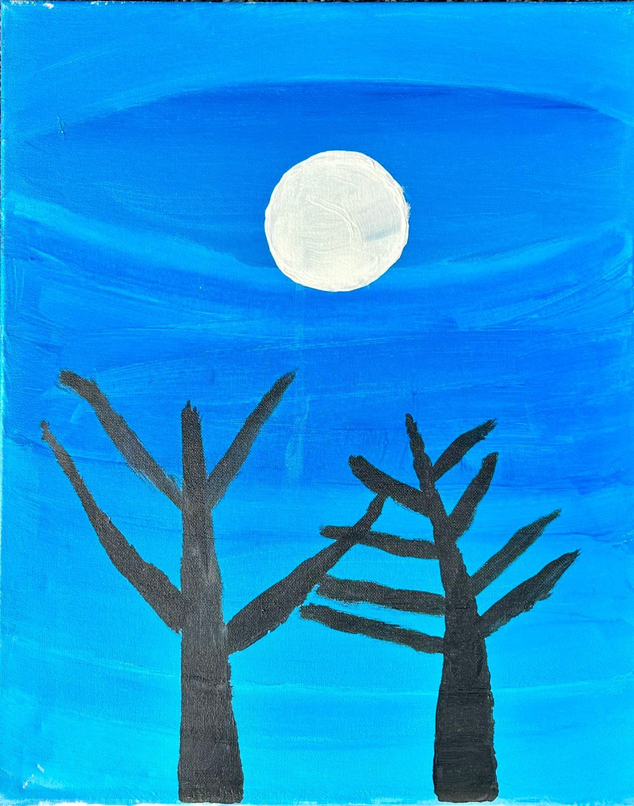 Night sky with a full white moon and two silhouetted trees. Blue background.