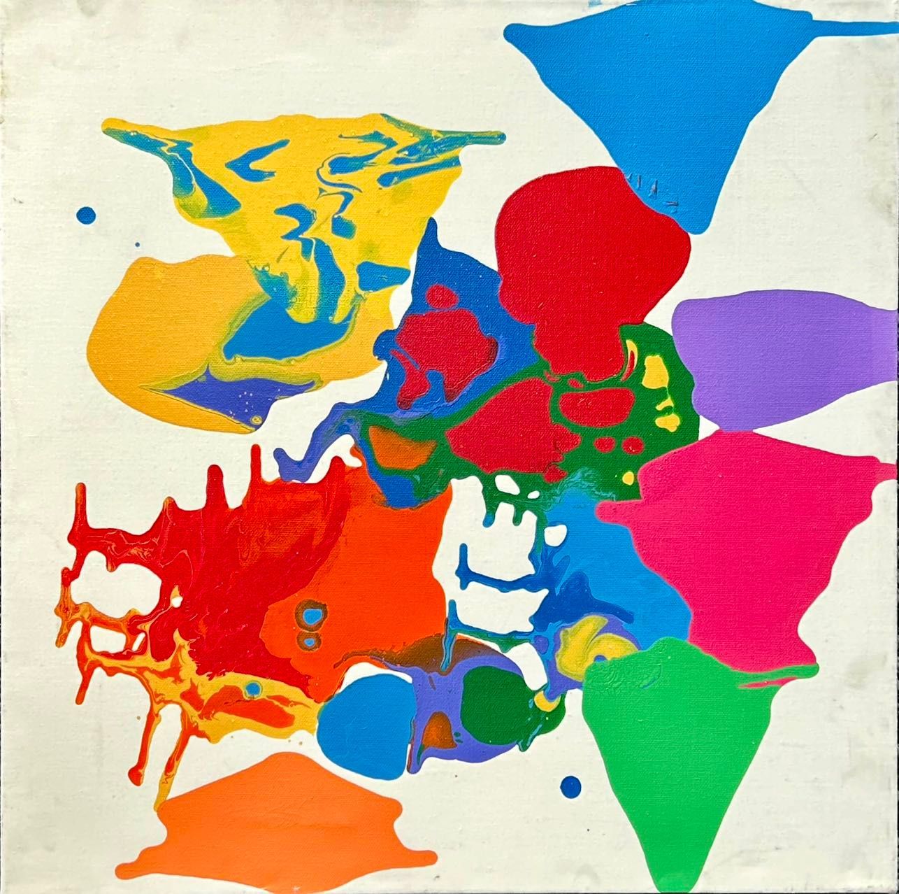 Abstract colorful paint splatters on a white background, including red, blue, yellow, orange, green, pink, and purple.