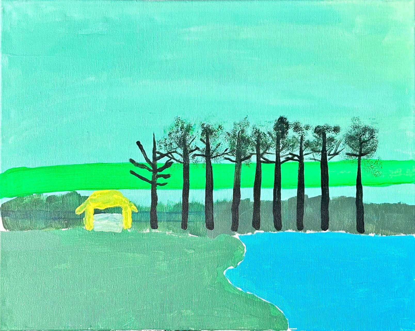 A landscape painting of trees, water, and a yellow structure under a turquoise sky.