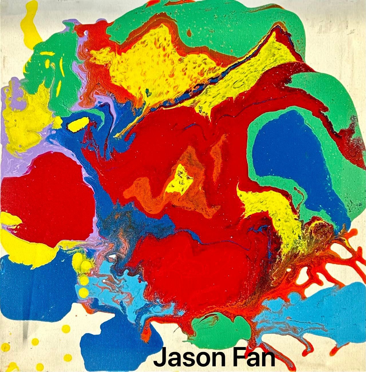 Abstract painting: swirling red, yellow, blue, green, and purple paint. Signed 