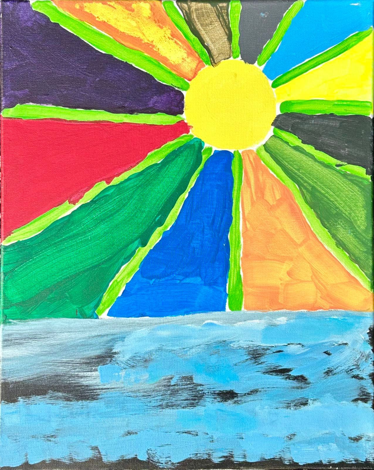 Colorful sunburst over blue water; vivid rays of red, green, orange, etc.