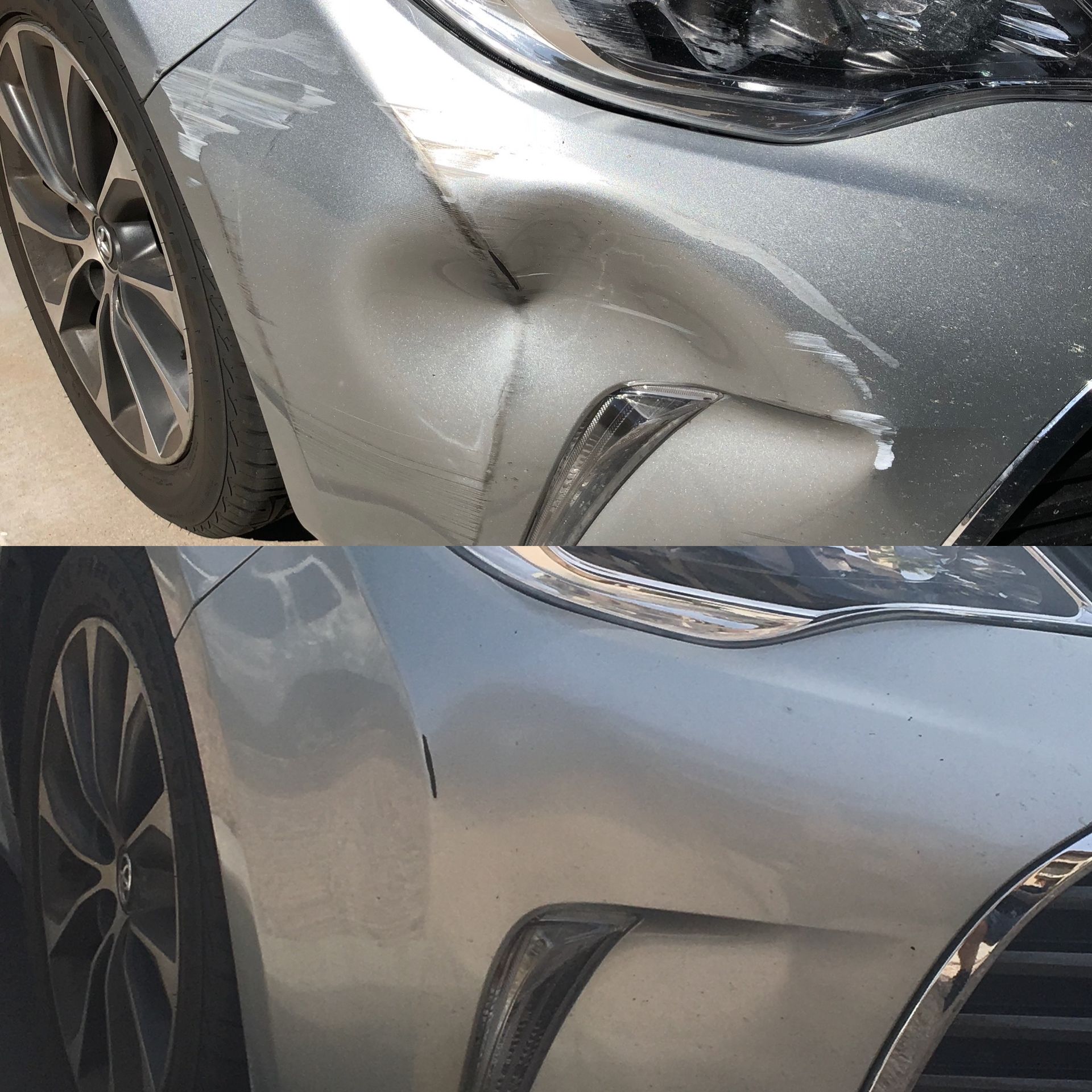 A before and after photo of a car with a dent in the front bumper.