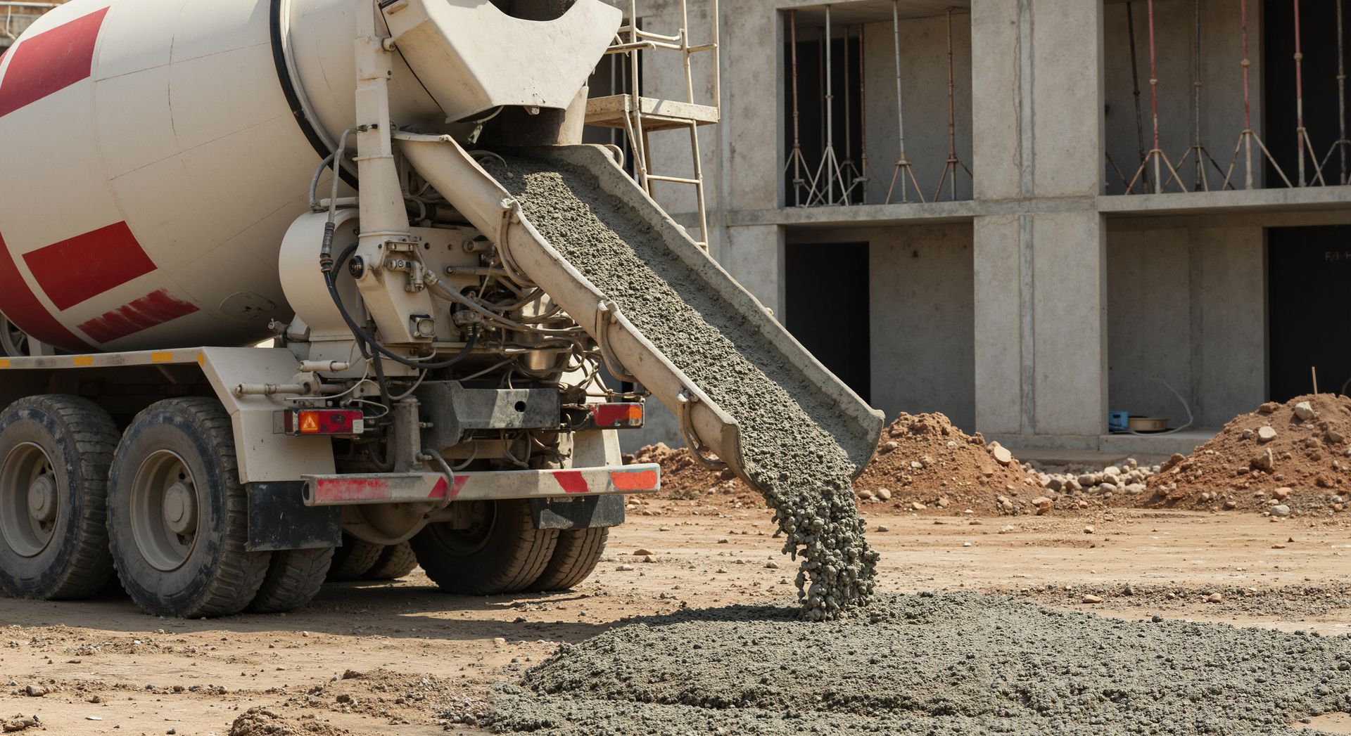 Cement truck pouring fresh concrete onto the ground at a construction site.