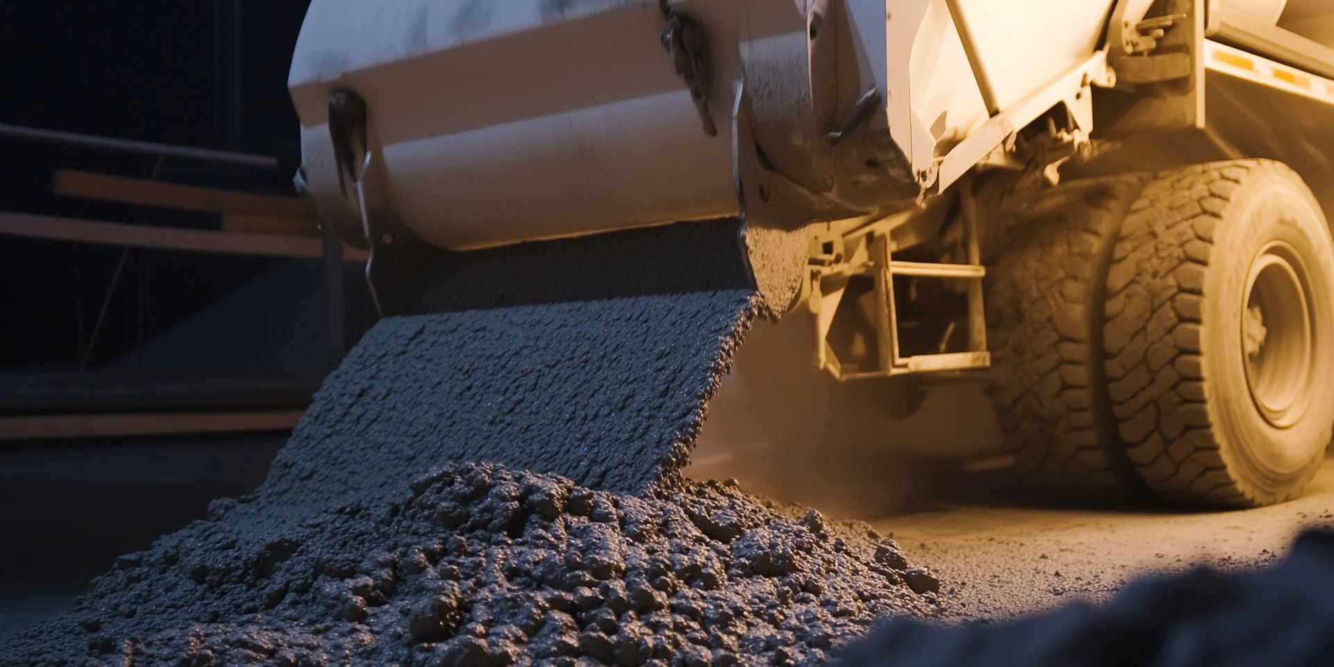 Concrete pouring from a mixer truck forming a pile at a construction site.