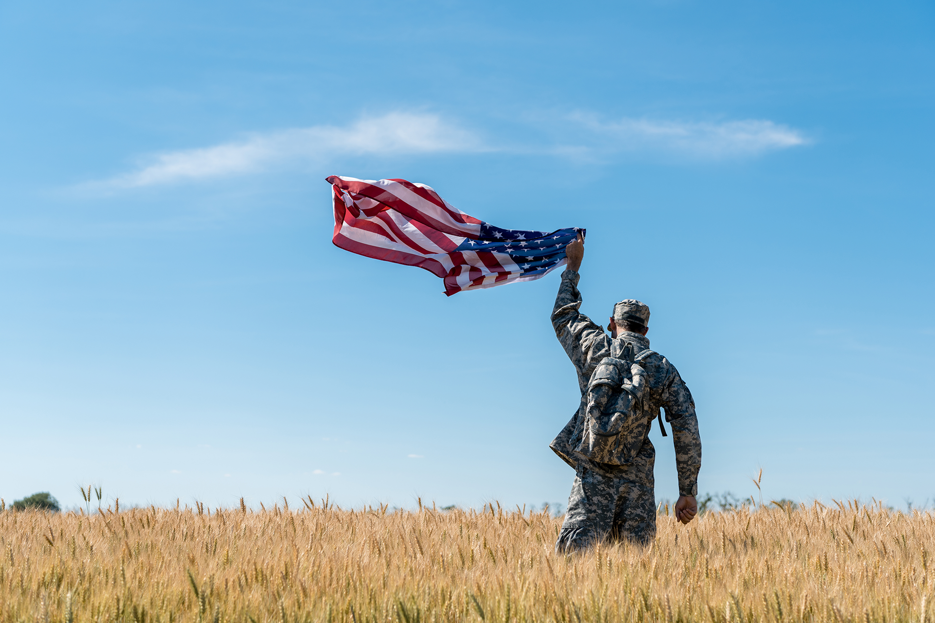 Soldier in camouflage raises the American flag over a wheat field under a blue sky.