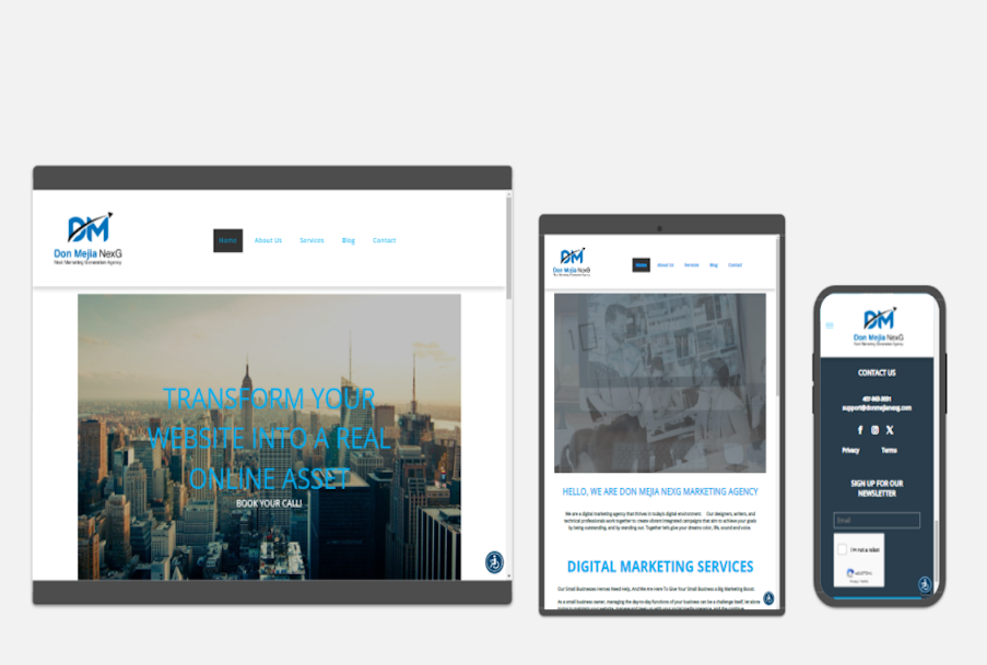 A tablet a phone and a website are shown on a white background.