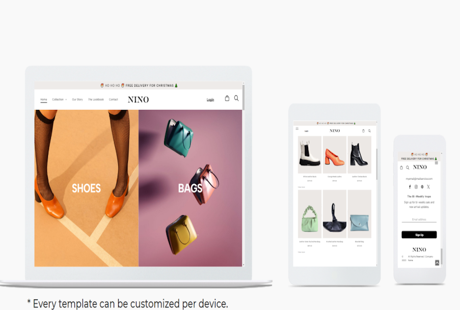 A laptop , tablet , and cell phone displaying a website for shoes and bags.