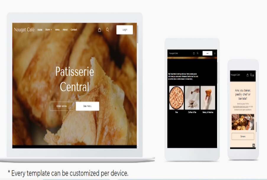 A website for patisserie central is displayed on a laptop tablet and phone