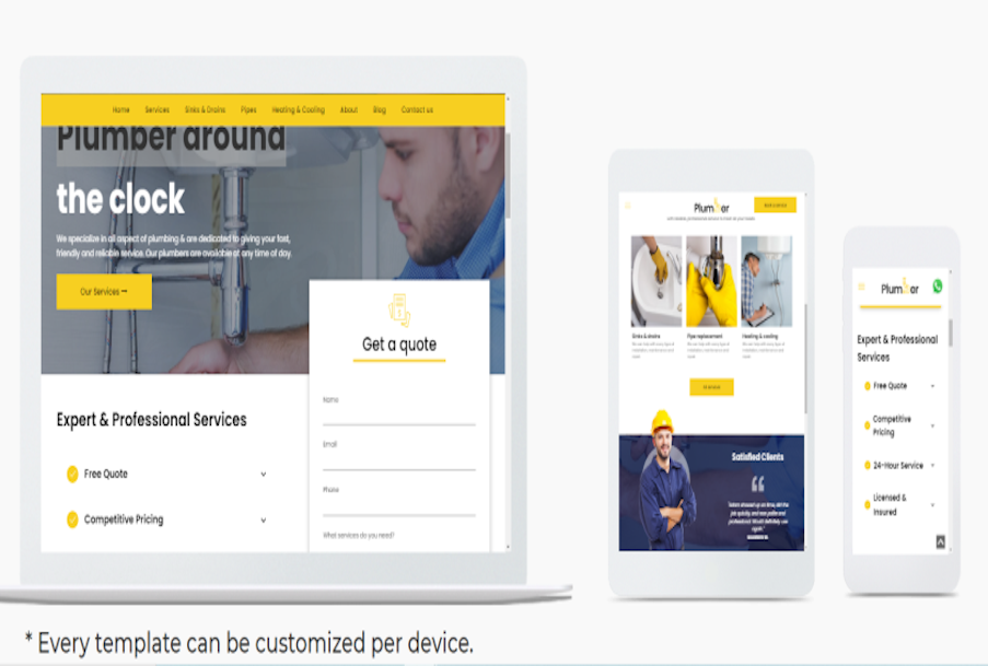 A plumber around the clock website is displayed on a laptop , tablet , and phone.