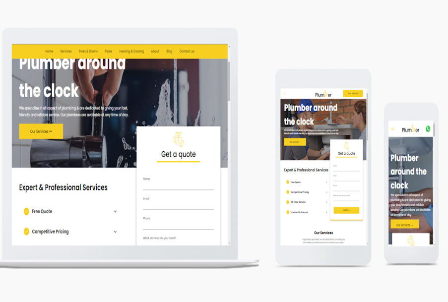 A plumber around the clock website is displayed on a laptop , tablet , and cell phone.