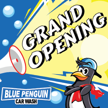 a blue penguin car wash is having a grand opening