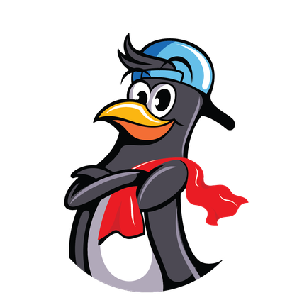 BLUE PENGUIN CAR WASH MASCOT, A PENGUIN IN A BASEBALL CAP WITH TURKEY FEATHERS BEHIND HIM