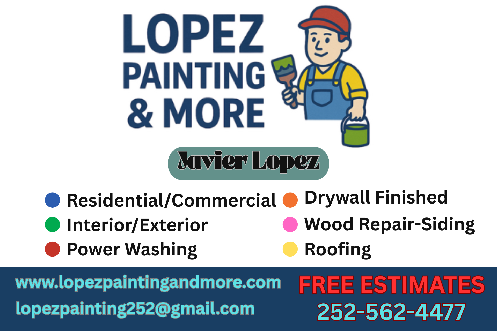 The logo for lopez painting and more shows a man holding a brush and bucket of paint.