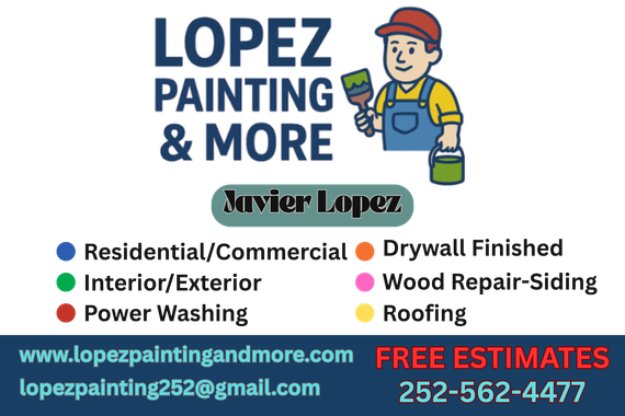 The logo for lopez painting and more shows a man holding a brush and bucket of paint.