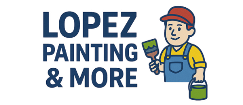 The logo for lopez painting and more shows a man holding a brush and bucket of paint.