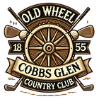 Logo for Old Wheel Cobbs Glen Country Club with golf clubs and wagon wheel.