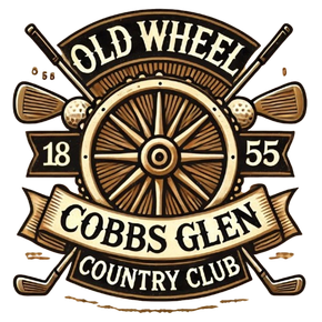 Logo for Old Wheel Cobbs Glen Country Club with golf clubs and wagon wheel.